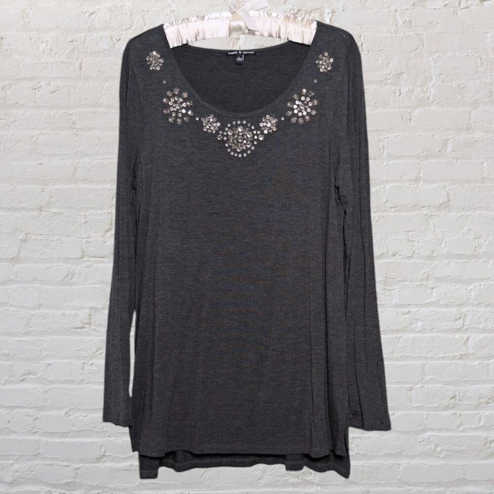 CABLE & GAUGE Women's Scoop Neck Tunic with Embellished Neckline Gray Size L